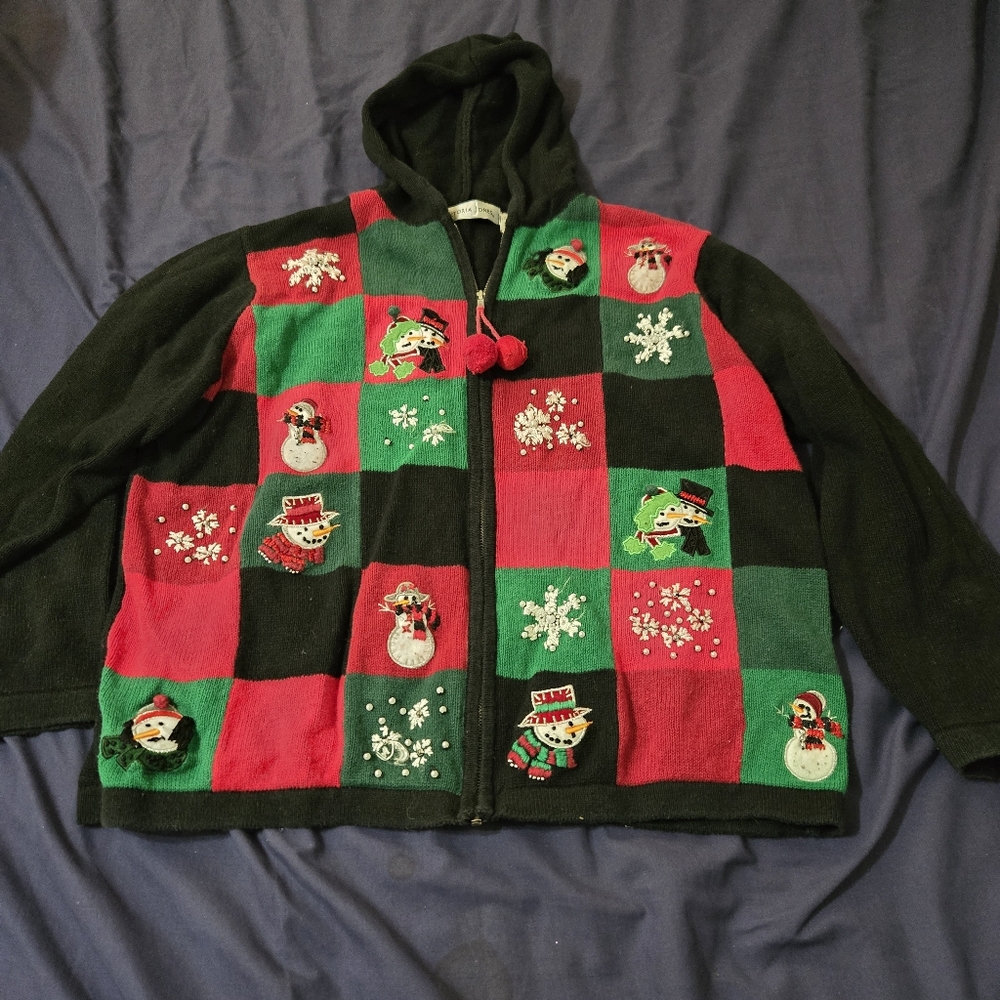 Victoria Jones Woman 2X Plus Zip Front Cardigan Sweater Ugly Christmas Black Vtg